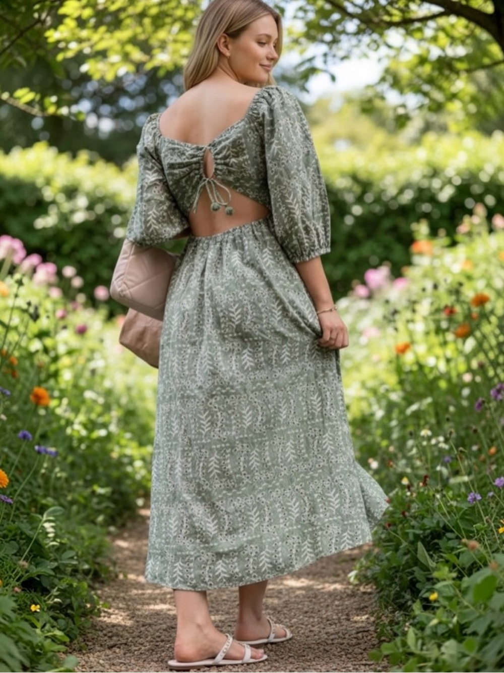 Joie Embroidered Tie Back Midi Dress Green Eyelet Size 4